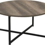 Household Essentials  Round Coffee Table  Rustic Wood Grain and Black Metal 31.5 x 31.5, Taupe