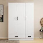 Wardrobe Closet, Armoire Wardrobe Closet with 2 Drawers, Closet Cabinet with Clothing Rods, Wardrobe Cabinet with 3 Doors, Wooden Closet with Shelves,  Closet