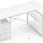 Shaped Desk with Power Outlets, Computer Desk with 3 Drawers, 47 Inch Office Desk with Shelves, Gaming Desk, Corner Desk Work Desk for Home Office, Study, White