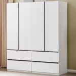 4 Doors Armoire Wardrobe Closet, Bedroom Armoires Cabinet Wooden with Hanging Rod Inside Cabinet and Drawers