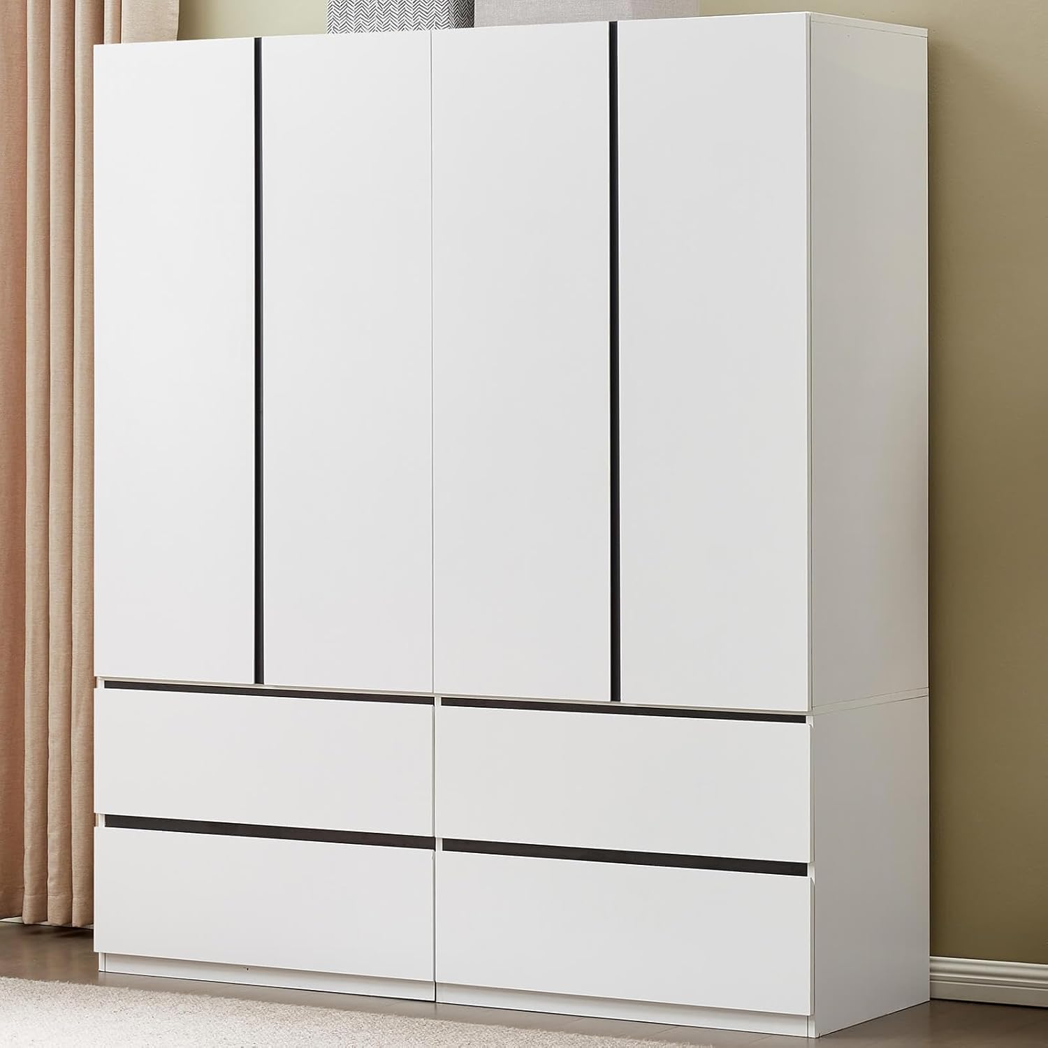 61nDV6zqqvL._AC_SL1500_.jpg 4 Doors Armoire Wardrobe Closet, Bedroom Armoires Cabinet Wooden with Hanging Rod Inside Cabinet and Drawers - Image 1