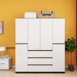 Armoire Wardrobe Closet 4 Doors 3 Drawers White Wardrobe Closet Wardrobe Cabinet Bedroom Armoire Wardrobe Closet with Hanging Rod & Large Capacity Wood Closet 63" L x 20.3" W x 72" H