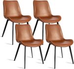 Dining Chairs Set of 4 , Faux Leather Brown Cushion Seat , Upholstered Dining Accent Side Chairs with Comfy Back and Sturdy Black Metal Legs for Living , Restaurant & Meeting Room , Brown