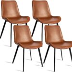 Dining Chairs Set of 4 , Faux Leather Brown Cushion Seat , Upholstered Dining Accent Side Chairs with Comfy Back and Sturdy Black Metal Legs for Living , Restaurant & Meeting Room , Brown