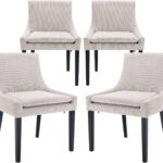 Modern Dining Chairs Set of 4, Upholstered Corduroy Accent Side Leisure Chairs with Mid Back and Wood Legs for Living Room/Dining Room-Beige