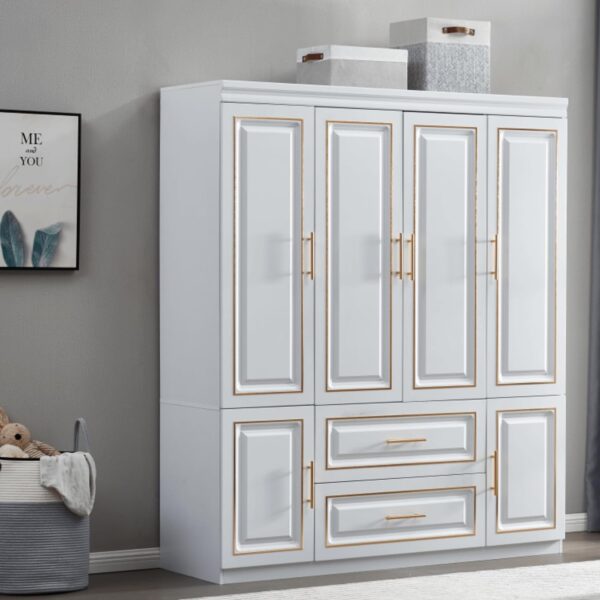 74" H Wardrobe Cabinet,Wardrobe Closet with 4 Doors, Armoire Wardrobe Closet with Storage Drawers, Clothing Rod and Shelves, Bedroom Armoires with Gold Decorative Border, Armoire