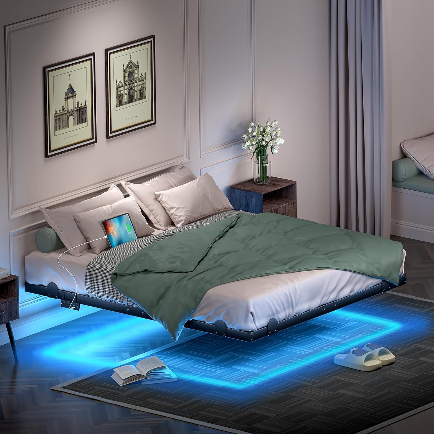 719NDxiJgGL._AC_SL1500_.jpg Floating Bed Frame King Size with Smart LED Lights and Charging Station - 14 Inch Modern Floating Beds, Bed Frame with Lights, Easy Assembly No Box Spring Needed - Image 1