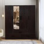 Armoire Wardrobe Closet: 4-Door, Hanging Rod, 3 Drawers, Shelves, Mirror Metal Handle Clothes Cabinets For Bedroom Wood Tall Storage, Large Capacity Organizer, Walnut 63"L x18.9"W x70.8"H
