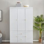 74.2" Armoire Wardrobe Closet Storage, Wood 3 Door 2 Drawers White Closet Cabinet for Large Capacity, Tall Cabinet Closet with Hanging Rod and 5 Storage 47.3" L x 20.3" W x 74.2" H