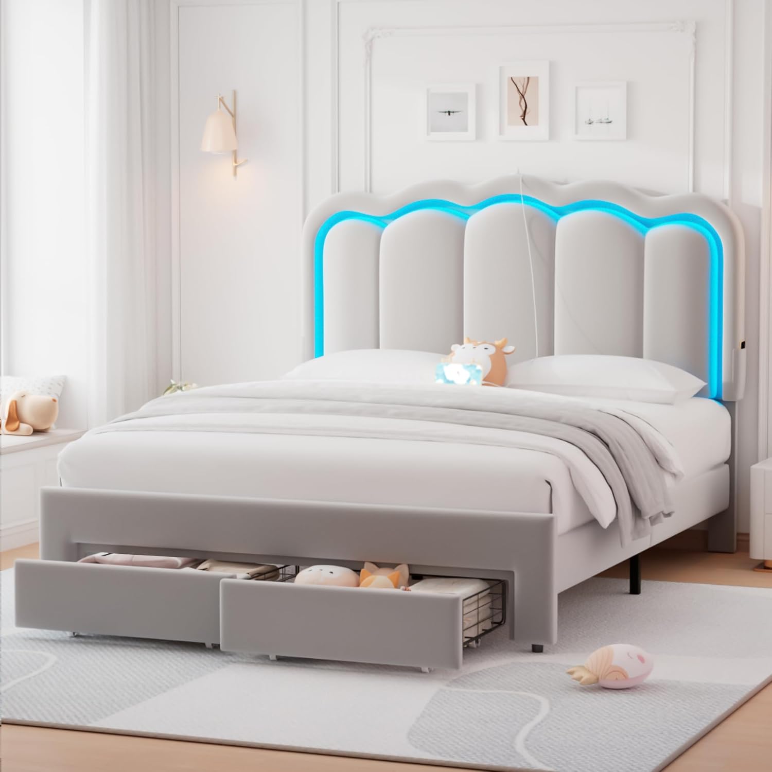 71AjfgW8NhL._AC_SL1500_.jpg Queen Upholstered LED Bed Frame with 2 Storage Drawers and Adjustable Chic Double Wavy Headboard, Velvet Prince Platform Bed with Charing Station, Solid Wood Slats Support,No Box Spring Needed,Grey - Image 1