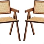 Rattan Accent Chairs, Modern Mid Century Dining Chairs Set of 2, Comfy Armchairs, Outdoor Rattan Chairs with Armrest for Bedroom Living Room Reading Room Dining Kitchen, Brown
