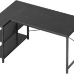 Shaped Desk, 47 Inches Computer Desk with Reversible Storage Shelves, Gaming Desk, Corner Desk Home Office Desks, Writing Desk Study Desk with Metal Frame, Black