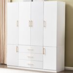 4 Doors Armoire Wardrobe Closet, Bedroom Armoires Cabinet Wooden with Hanging Rod Inside Cabinet and Drawers