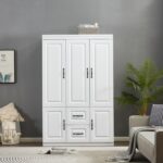 Wardrobe Armoire Storage Cabinet Wood: 3 Door 2 Drawers White Closet Wardrobe for High Storage Capacity with 3 Shelves and Metal Handles for Tall Cabinet Closet - Image 2