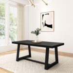 72 Inch Farmhouse Dining Table, Solid Wood Rustic Kitchen Table, Large Wooden Rectangular Dinner Table for Dining Room, Home Office, Living Room Furniture, Easy Assembly, Black Wirebrush