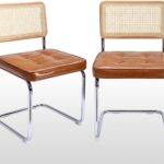 Mid-Century Modern Dining Chairs, Upholstered Tufted Faux Leather Accent Chairs Rattan Dining Chairs Set of 2, Armless Mesh Back Cane Chairs with Metal Chrome Legs, Brown