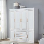 74.2" 4 Door Armoire Wardrobe Closet Cabinet, Wood 2 Drawers Tall Cabinet Closet for High Storage Capacity, White Closet Cabinet with Hanging Rod and 5 Storage 63" L x 20.3" W x 74.2" H