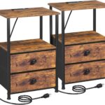 Night Stand Set 2, Nightstand with Charging Station, End Tables with Storage Shelf for Small , Bedside Table Side Tables with 2 Fabric Drawers for Bedroom, Rustic Brown