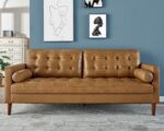 Leather Sofa, Mid-Century Modern Genuine Leather Sofa, 3 Seater Comfy Couch for Living Room Home Office -Brown Leather Sofa Couch