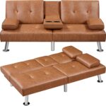 Convertible Sofa Bed Adjustable Couch Sleeper Modern  Home Recliner Reversible Loveseat Folding Daybed Guest Bed, Removable Armrests, Cup Holders, 3 Angles, 772lb Capacity, Brown