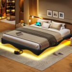 Floating Bed Frame Queen with LED Lights, Upholstered Platform Bed Frame Queen Size with Type-C & USB Port, Modern Wavy Visual Floating Metal Bed Frame, No Box Spring Needed, Black