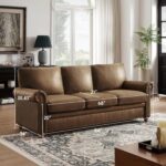 84" Faux Leather Couch, Mid-Century Modern Couch w/Brass Nailhead Trim, 3 Seater Sofa Couch w/Rolled Arm, Pocket Spring Cushions, Gourd Feet, Dark Brown Couch Leather Sofas for Living Room - Image 2