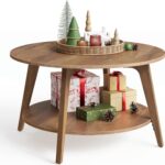 Round Coffee Table, 2 Tier Coffee Table with Storage, for Living Room, 31.5 x 17.7 Inches, Easy to Assemble, Honey Brown