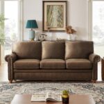 84" Faux Leather Couch, Mid-Century Modern Couch w/Brass Nailhead Trim, 3 Seater Sofa Couch w/Rolled Arm, Pocket Spring Cushions, Gourd Feet, Dark Brown Couch Leather Sofas for Living Room