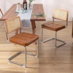 Mid-Century Modern Dining Chairs, Upholstered Tufted Faux Leather Accent Chairs Rattan Dining Chairs Set of 2, Armless Mesh Back Cane Chairs with Metal Chrome Legs, Brown - Image 2