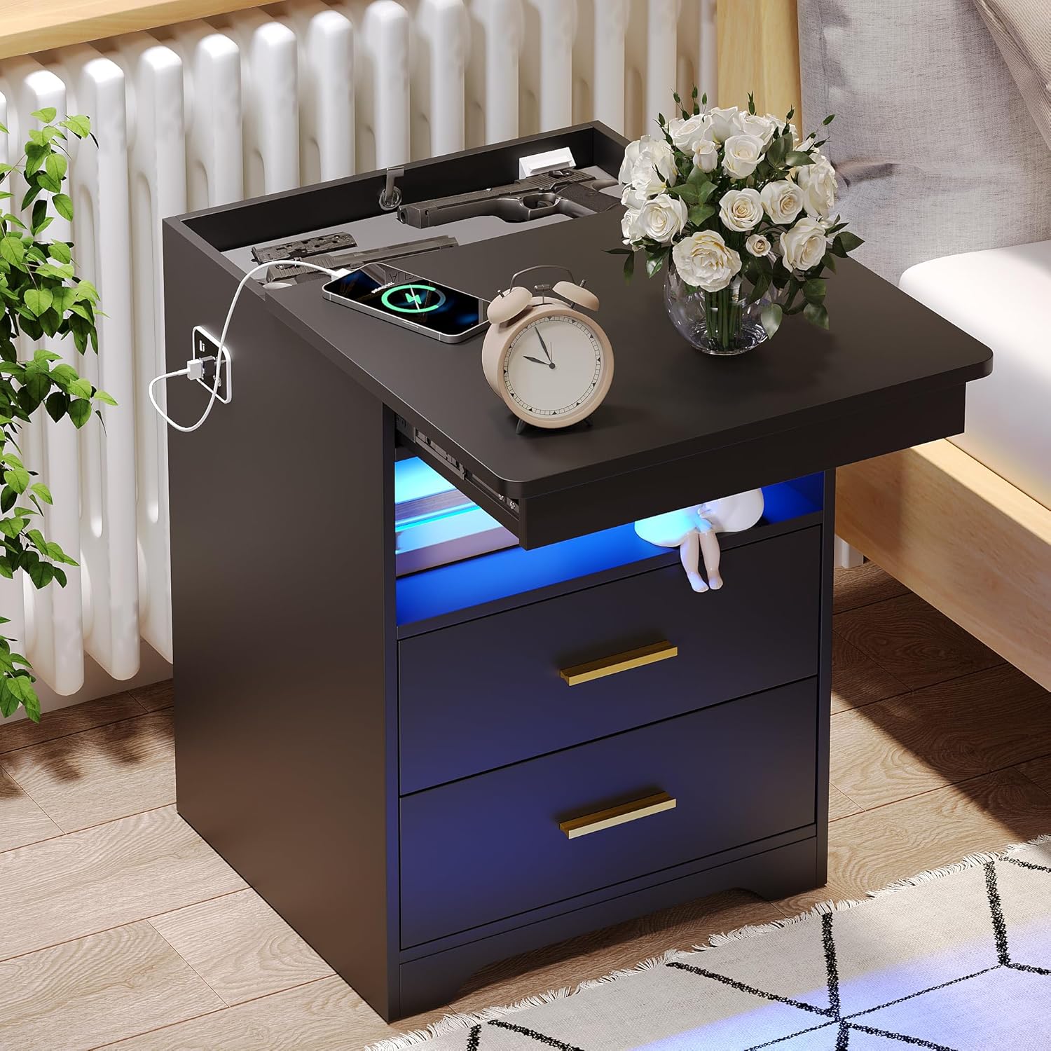 81dVhlrD67L._AC_SL1500_.jpg Night Stand with Gun Drawer, Charging Bedside Table with USB & Type-C Port, LED Nightstand with Human Sensor Light, Modern End Table with Drawers for Bedroom Office, Black - Image 1