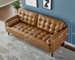 Leather Sofa, Mid-Century Modern Genuine Leather Sofa, 3 Seater Comfy Couch for Living Room Home Office -Brown Leather Sofa Couch - Image 2