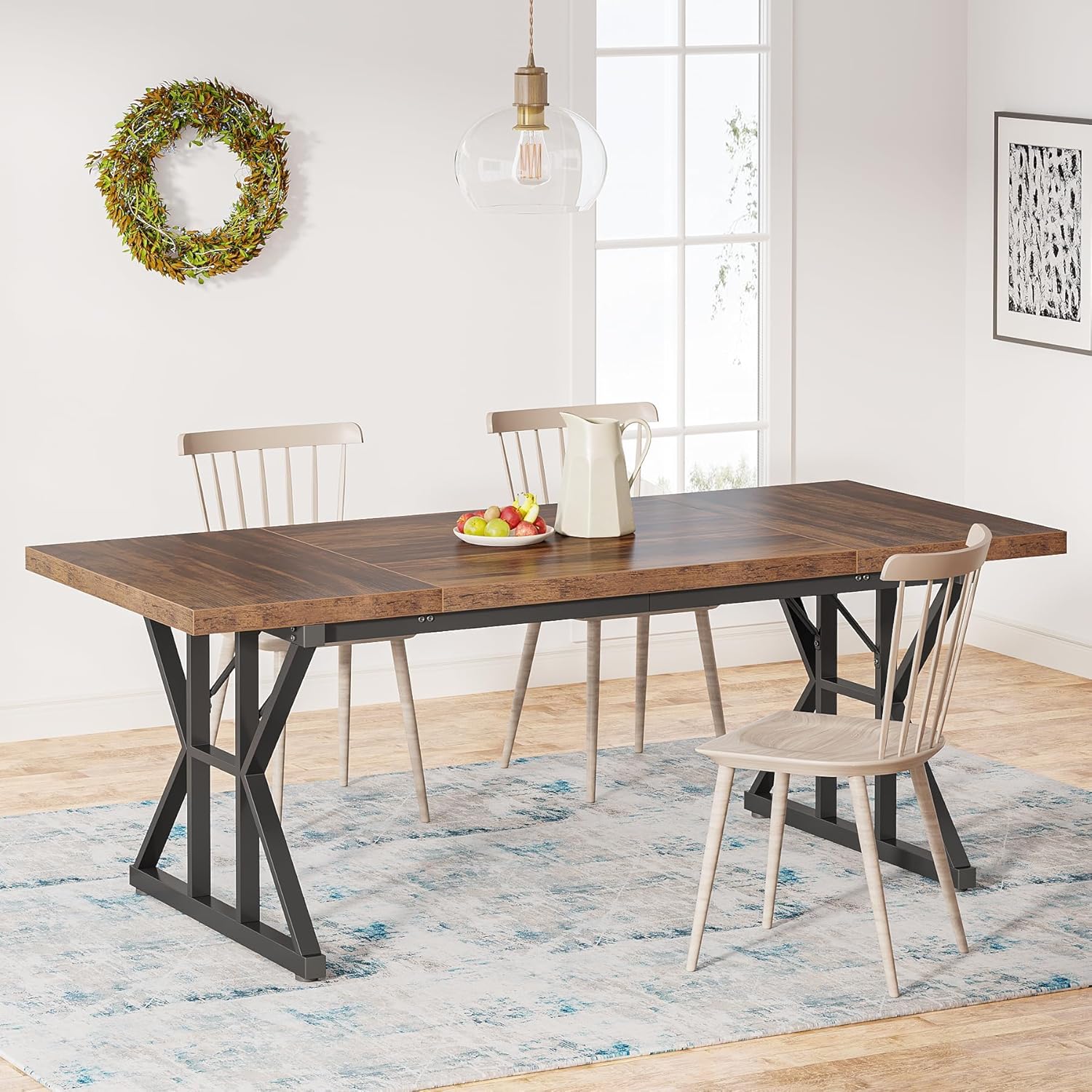 81iMQXhWKML._AC_SL1500_.jpg Farmhouse Dining Table for 6 People, 70.8-Inch Rectangular Wood Dining Table, Rustic Kitchen Table with Heavy Duty Metal Legs for Dining Room - Image 1