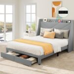 Storage Bed Frame, Queen Size Bed Frame with Type-C & USB Port and 2 Drawers, Upholstered Headboard Storage Shelf Platform Bed, No Box Spring Needed, Easy Assembly, Grey