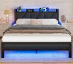 Full Bed Frame with LED Lights,Headboard with Charging Station and USB Port,Upholstered Platform Bedframe Metal Support,No Box Spring Needed