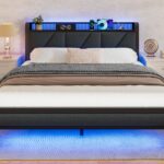 Full Bed Frame with LED Lights,Headboard with Charging Station and USB Port,Upholstered Platform Bedframe Metal Support,No Box Spring Needed