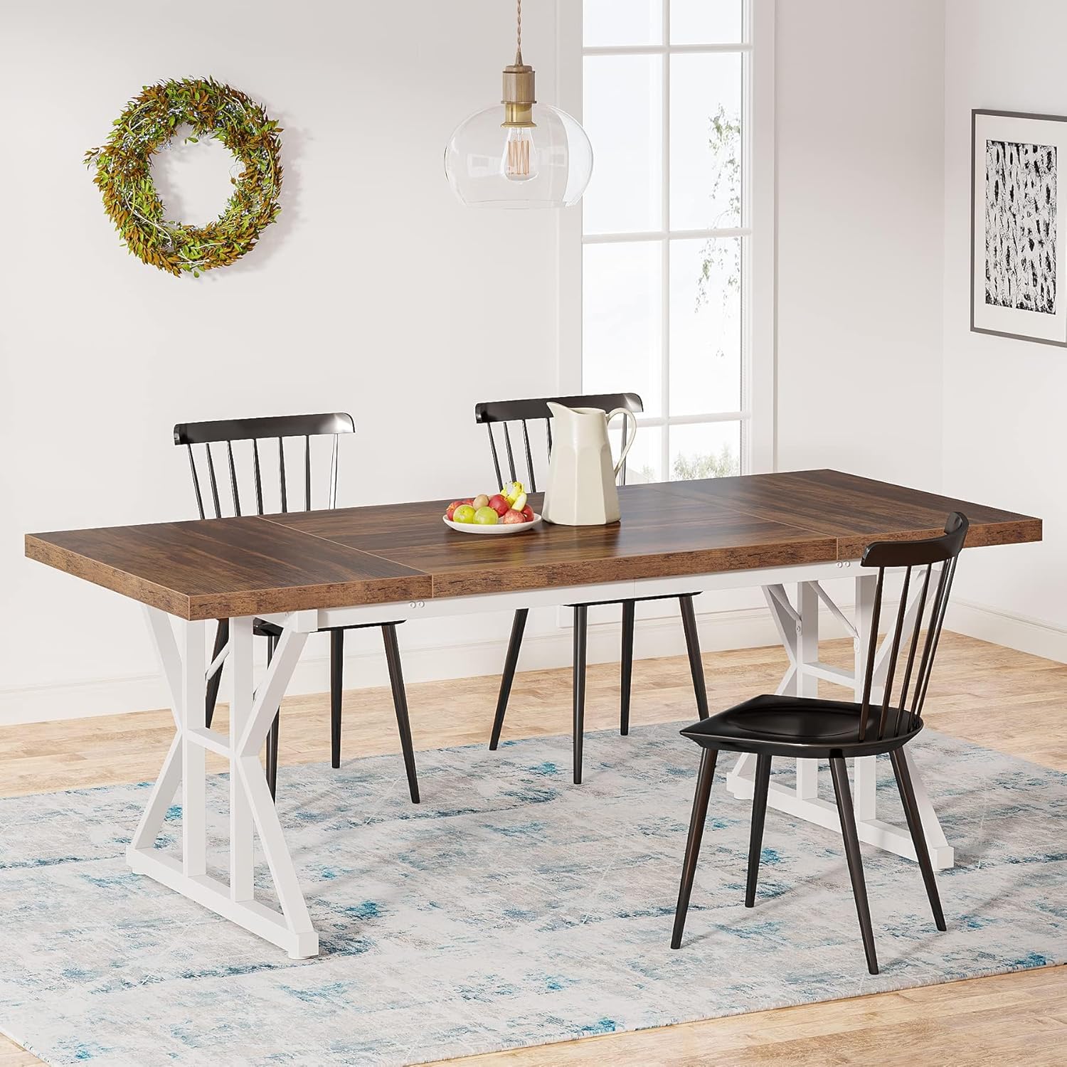 81l5JzVx81L._AC_SL1500_.jpg Farmhouse Dining Table for 6 People, 70.8-Inch Rectangular Wood Dining Table, Rustic Kitchen Table with Heavy Duty Metal Legs for Dining Room (Brown/White) - Image 1