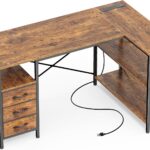 Shaped Desk with Power Outlets, Computer Desk with 3 Drawers, 47 Inch Office Desk with Shelves, Gaming Desk, Corner Desk Work Desk for Home Office, Study, Rustic Brown