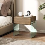 Nightstand with Drawer, Bedside Side Table, Transparent Glass Legs, Faux Leather Surface, Solid Wood Drawer, for Bedroom (Walnut Brown, 15.7" x 11.8" x 17.7")