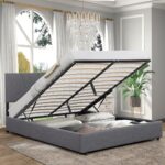 Full Size Lift Up Storage Bed with Hydraulic Storage and Headboard, Upholstered Platform Bed Frame No Box Spring Wooden Slats Support, Lifting Bed Storage Gray Linen