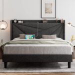 Queen Bed Frame with Type-C & USB Ports, Upholstered Platform Bed Frame with Wingback Storage Headboard, Solid Wood Slats Support, No Box Spring Needed, Noise-Free, Dark Gray